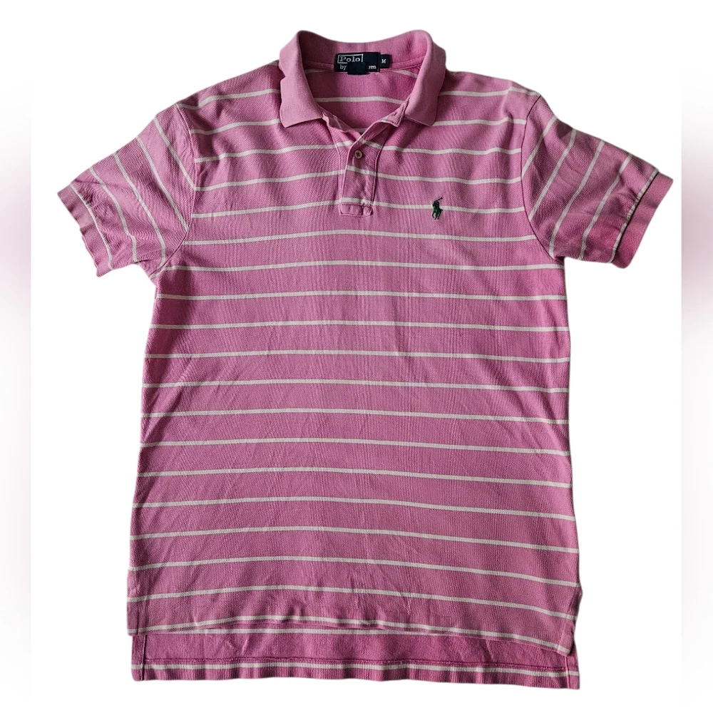 POLO RALPH LAUREN Pink & White Stripe Green Logo Shirt | SZ M